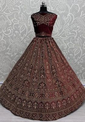 Red Embroidered Velvet Lehenga Set With Dupatta