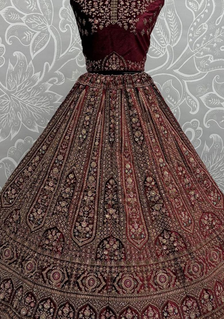 Red Embroidered Velvet Lehenga Set With Dupatta