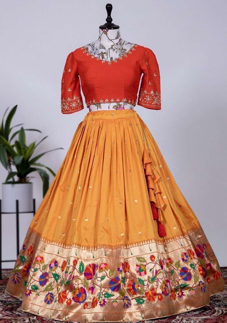 Yellow Embroidered Jacquard Lehenga Set With Dupatta - Indya