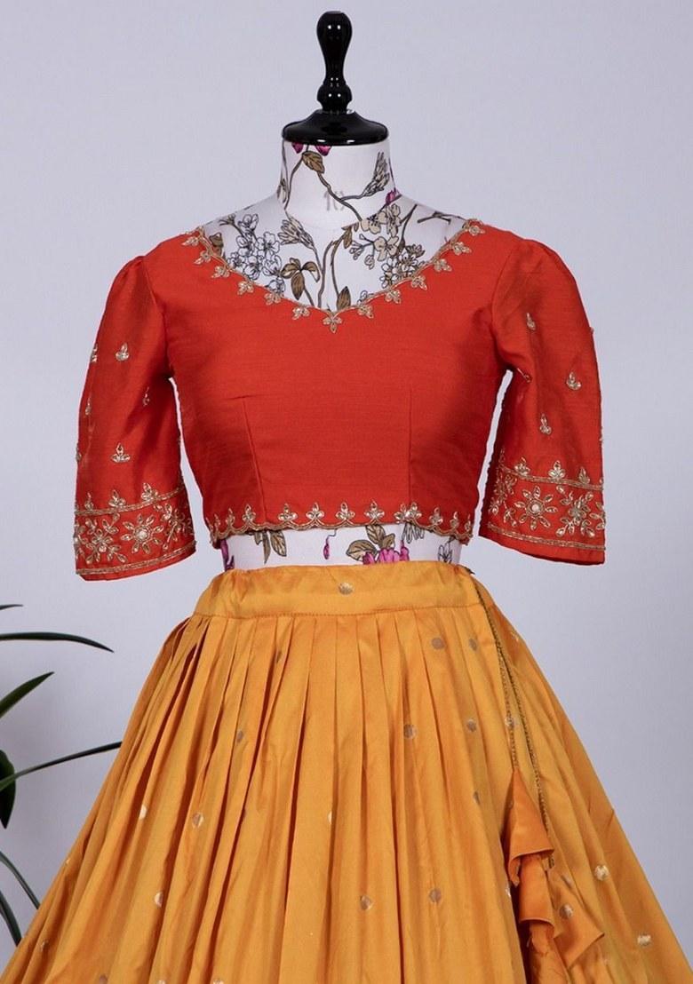 Yellow Embroidered Jacquard Lehenga Set With Dupatta