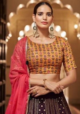 Purple Embroidered Georgette Lehenga Set With Dupatta