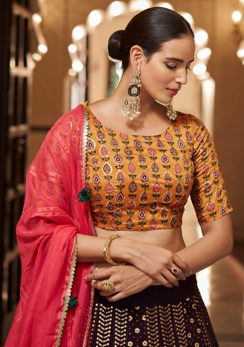 Purple Embroidered Georgette Lehenga Set With Dupatta