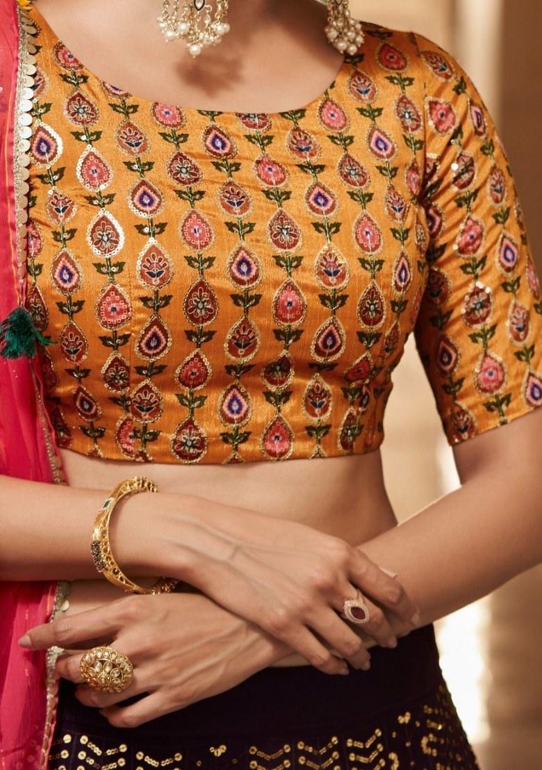 Purple Embroidered Georgette Lehenga Set With Dupatta