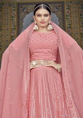 Pink Embroidered Georgette Lehenga Set With Dupatta