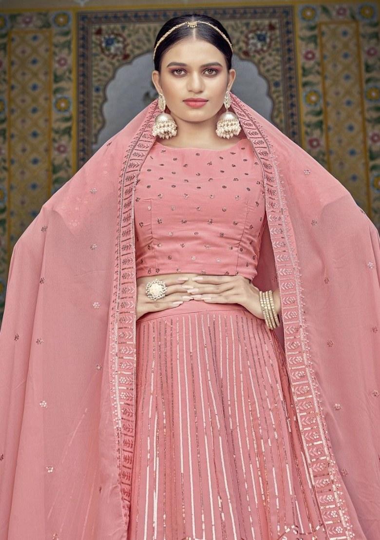 Pink Embroidered Georgette Lehenga Set With Dupatta
