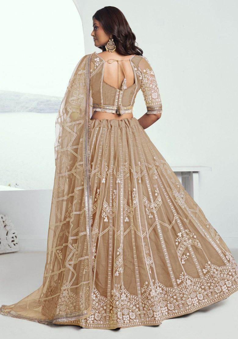 Beige Embroidered Net Lehenga Set With Dupatta