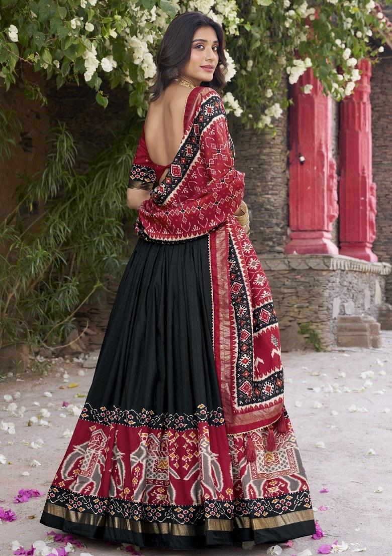 Black Printed Silk Lehenga Set With Dupatta