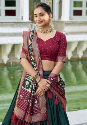 Green Printed Silk Lehenga Set With Dupatta