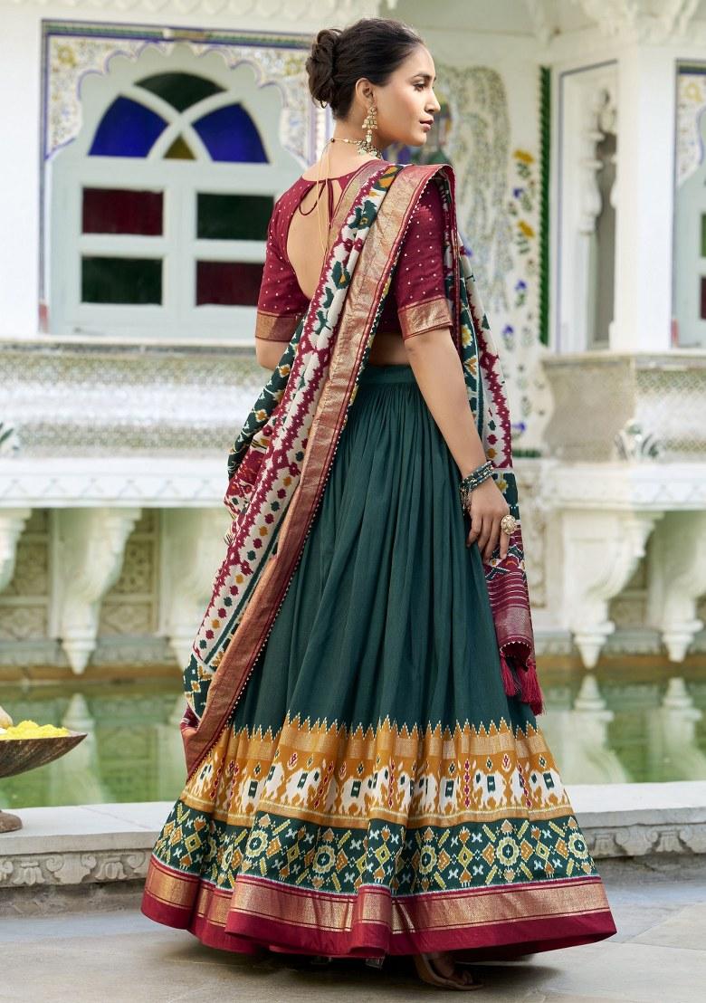 Green Printed Silk Lehenga Set With Dupatta
