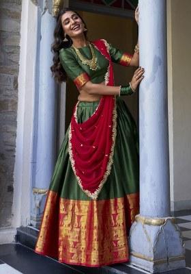 Green Embroidered Silk Lehenga Set With Dupatta