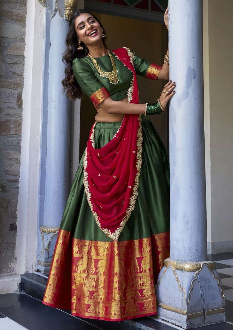 Green Embroidered Silk Lehenga Set With Dupatta - Indya