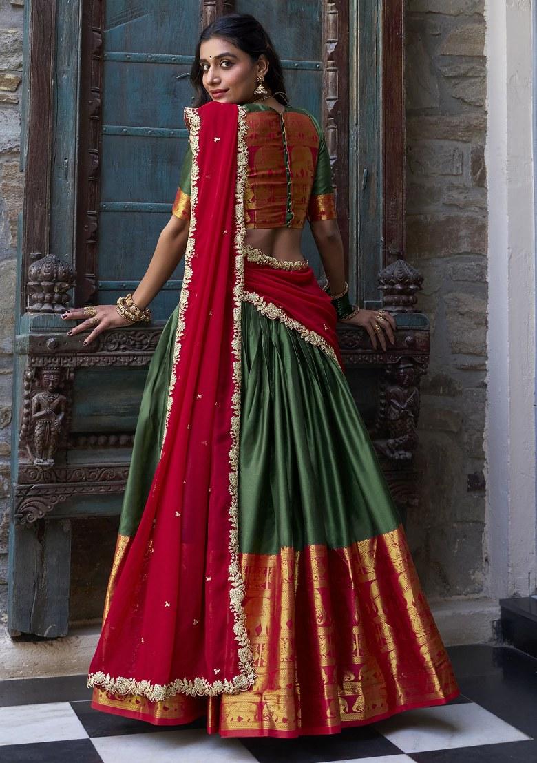 Green Embroidered Silk Lehenga Set With Dupatta