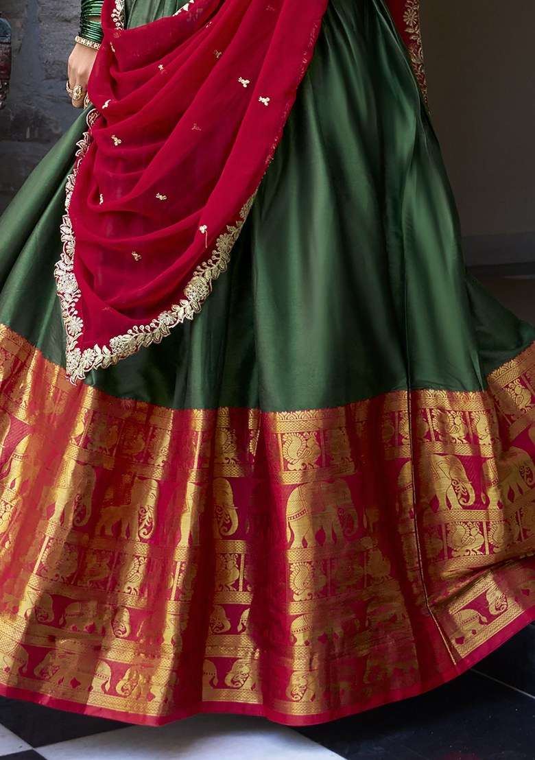 Green Embroidered Silk Lehenga Set With Dupatta - Indya
