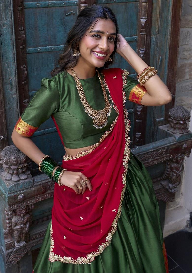 Green Embroidered Silk Lehenga Set With Dupatta