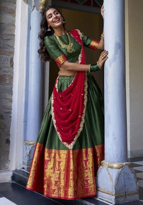 Green Embroidered Silk Lehenga Set With Dupatta