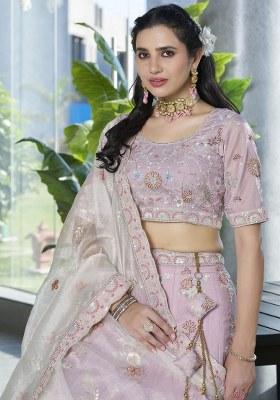 Lavender Embroidered Silk Lehenga Set With Dupatta