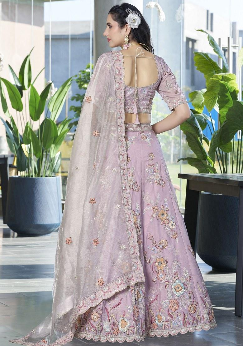 Lavender Embroidered Silk Lehenga Set With Dupatta