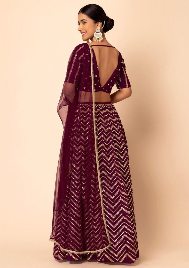Maroon Embroidered Georgette Lehenga Set With Dupatta