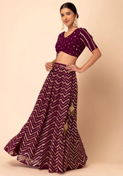 Maroon Embroidered Georgette Lehenga Set With Dupatta