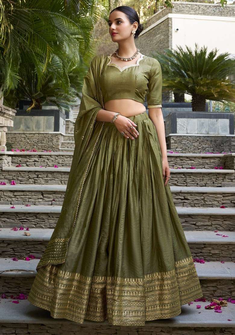 Green Embroidered Chanderi Lehenga Set With Dupatta for Diwali and Festive Wear - Indya