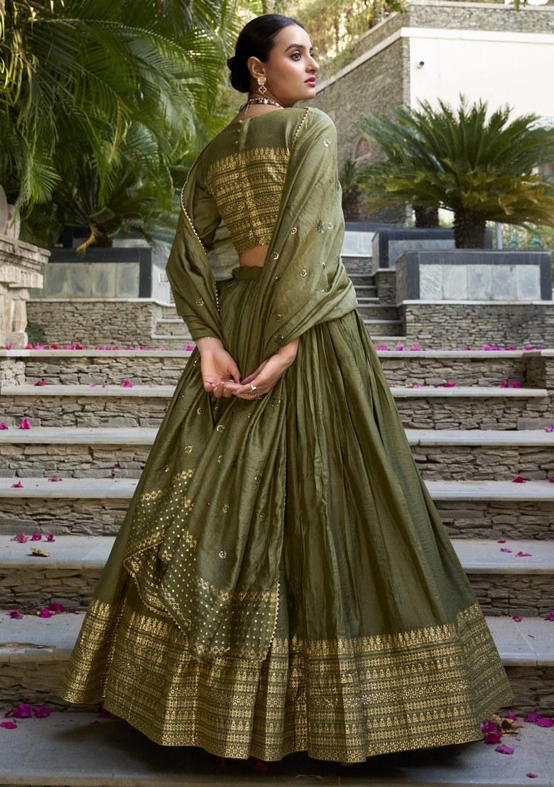 Green Embroidered Chanderi Lehenga Set With Dupatta