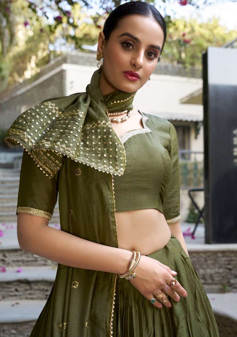Green Embroidered Chanderi Lehenga Set With Dupatta for Diwali and Festive Wear - Indya