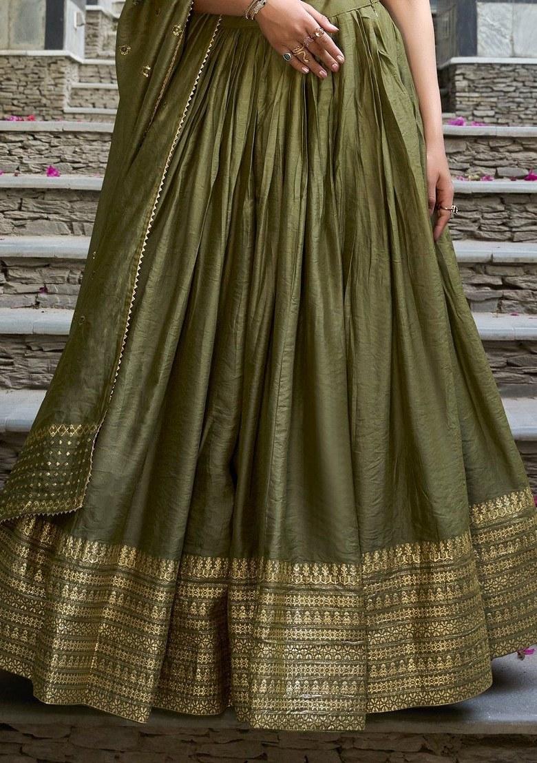 Green Embroidered Chanderi Lehenga Set With Dupatta