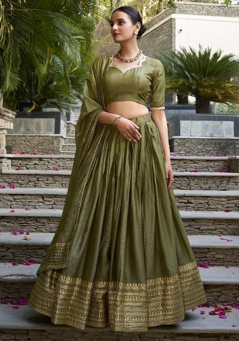 Green Embroidered Chanderi Lehenga Set With Dupatta
