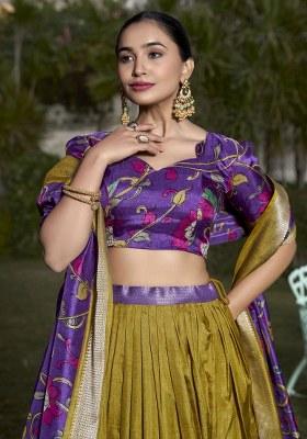 Yellow Printed Silk Lehenga Set With Dupatta