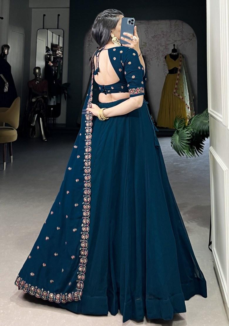 Navy Blue Embroidered Georgette Lehenga Set With Dupatta