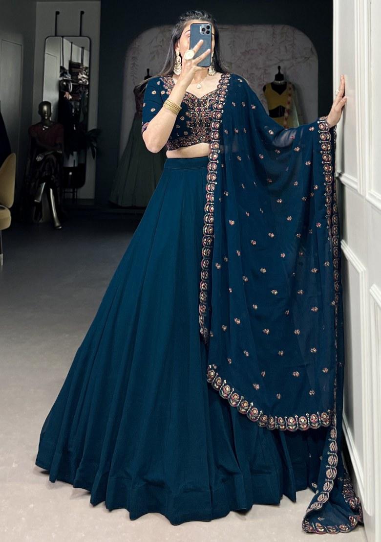 Navy Blue Embroidered Georgette Lehenga Set With Dupatta