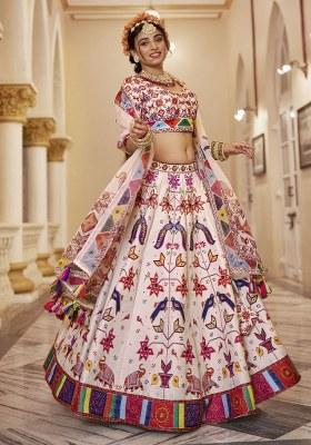 Off White Printed Art Silk Lehenga Set With Dupatta