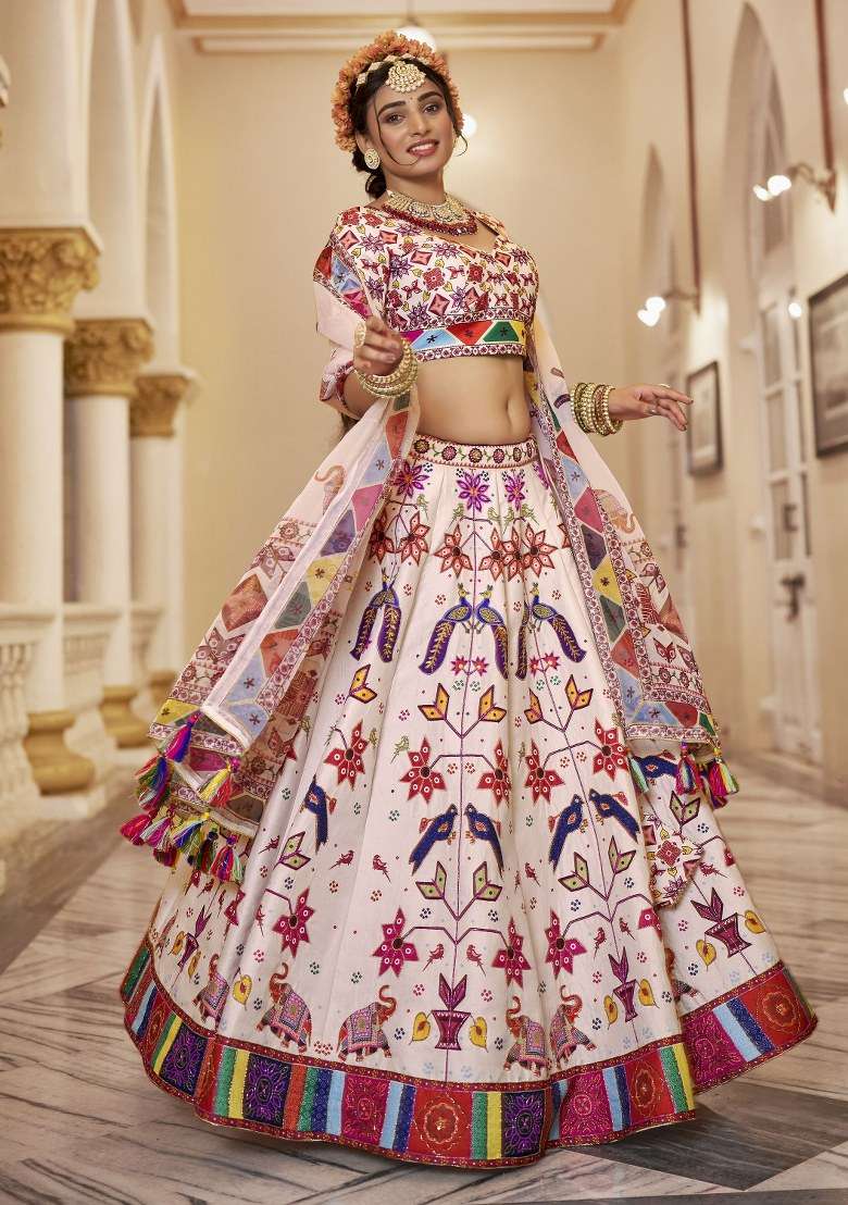 Off White Printed Art Silk Lehenga Set With Dupatta - Indya