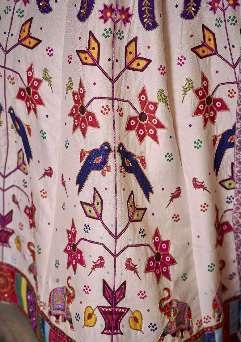 Off White Printed Art Silk Lehenga Set With Dupatta - Indya