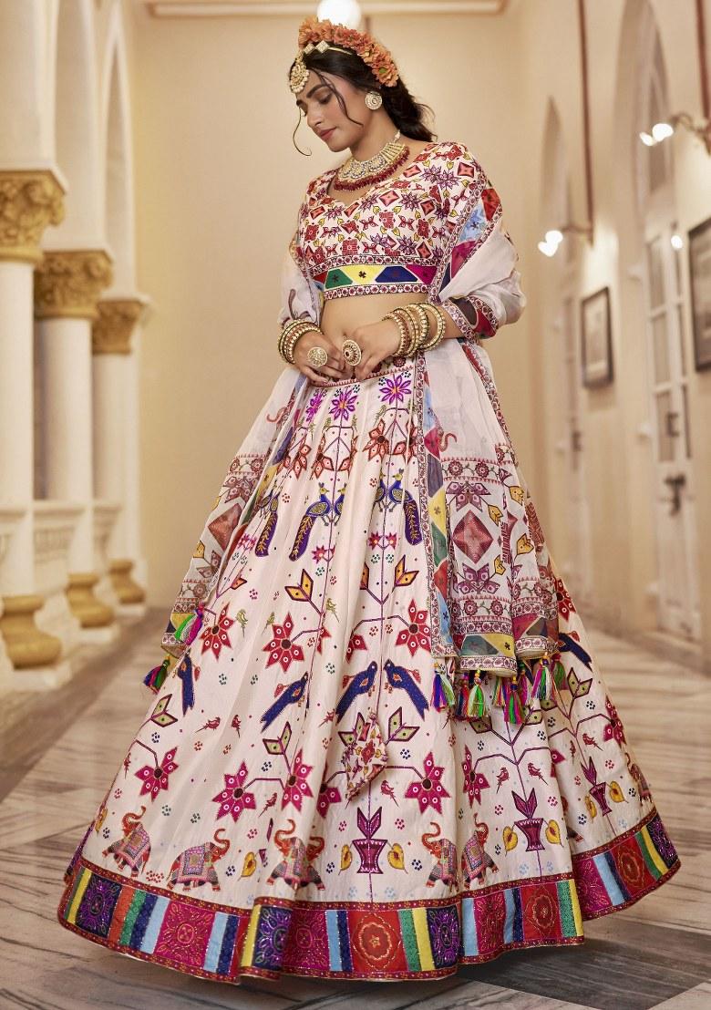 Off White Printed Art Silk Lehenga Set With Dupatta