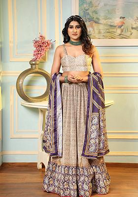 Cream Digital Print Satin Silk Lehenga Set