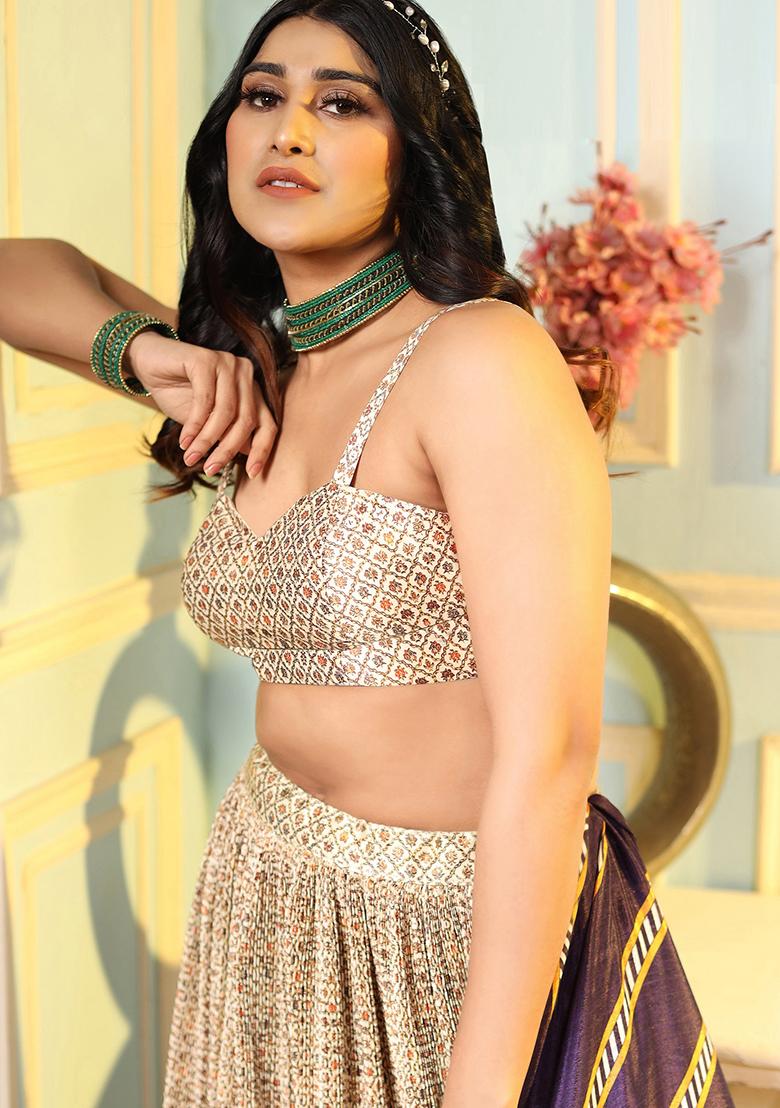 Cream Digital Print Satin Silk Lehenga Set