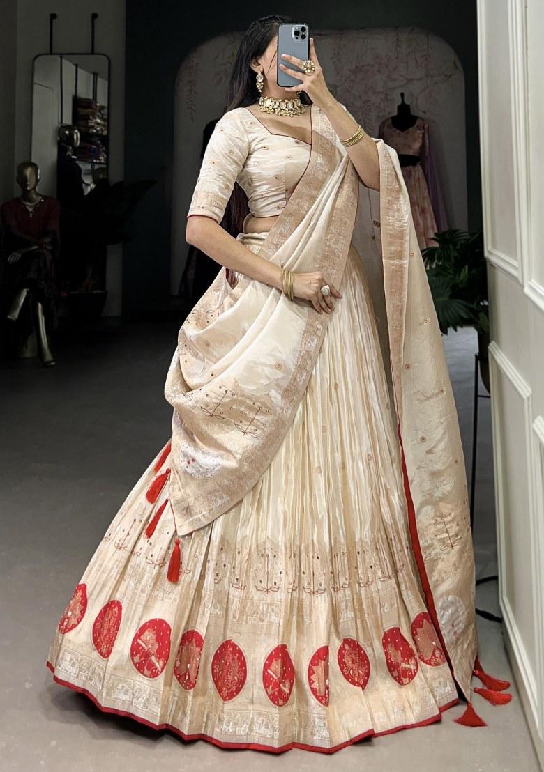 Off White Embroidered Silk Lehenga Set With Dupatta