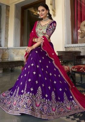 Purple Embroidered Silk Lehenga Set With Dupatta