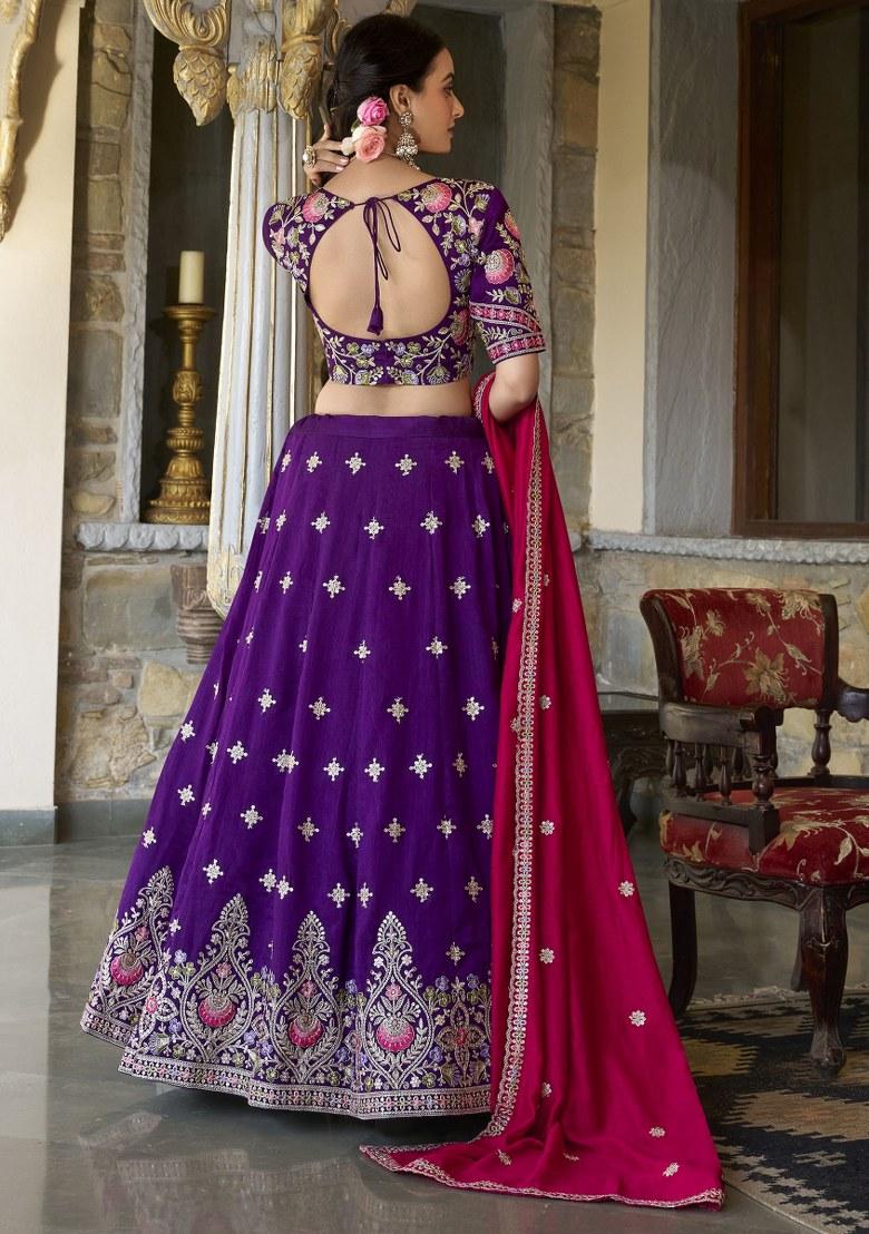 Purple Embroidered Silk Lehenga Set With Dupatta