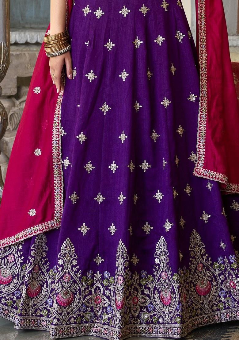 Purple Embroidered Silk Lehenga Set With Dupatta