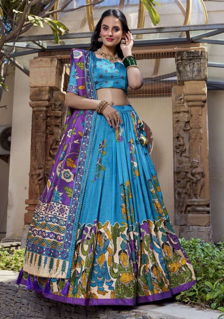 Sky Blue Printed Silk Lehenga Set With Dupatta - Indya