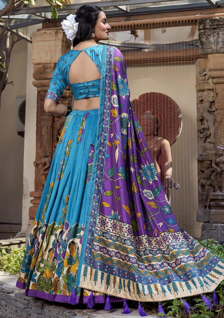 Sky Blue Printed Silk Lehenga Set With Dupatta
