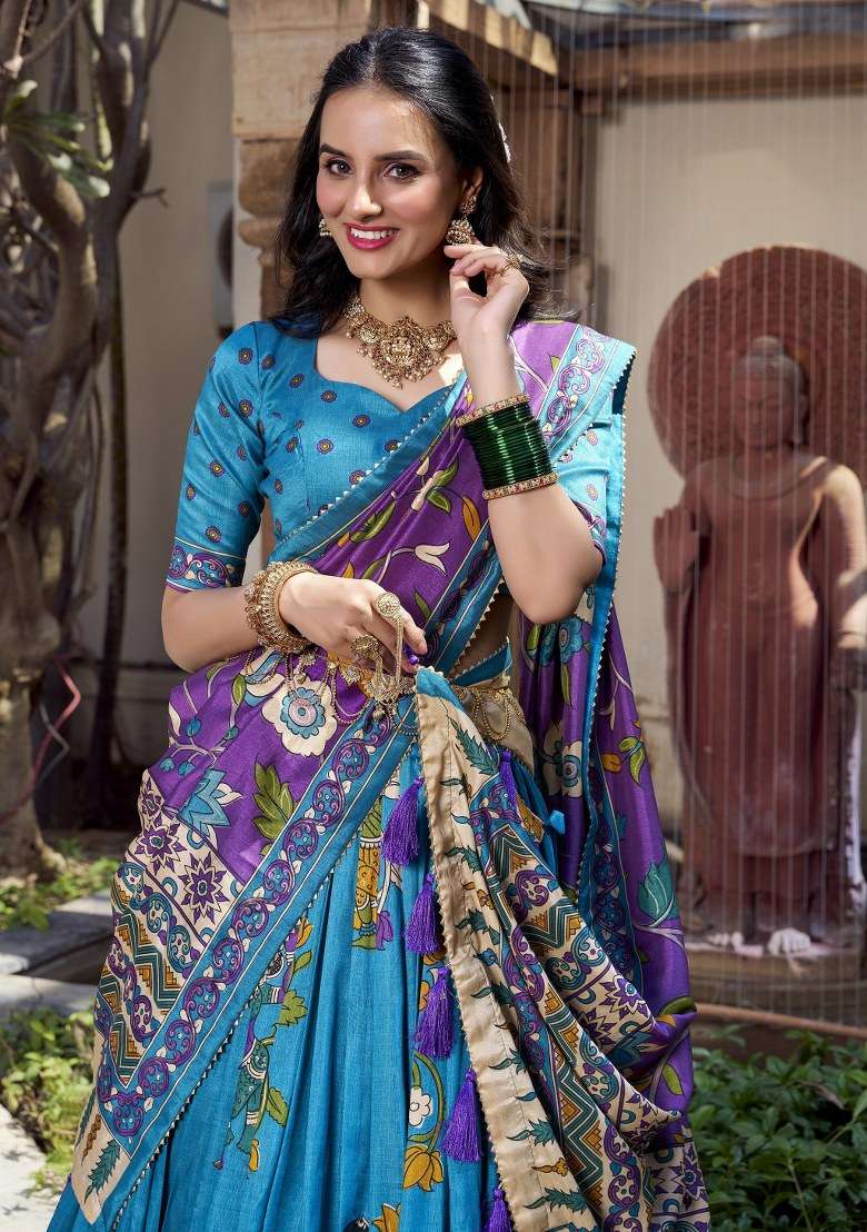 Sky Blue Printed Silk Lehenga Set With Dupatta - Indya