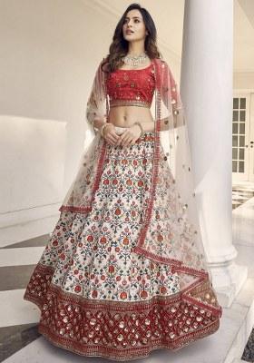 White Embroidered Art Silk Lehenga Set With Dupatta