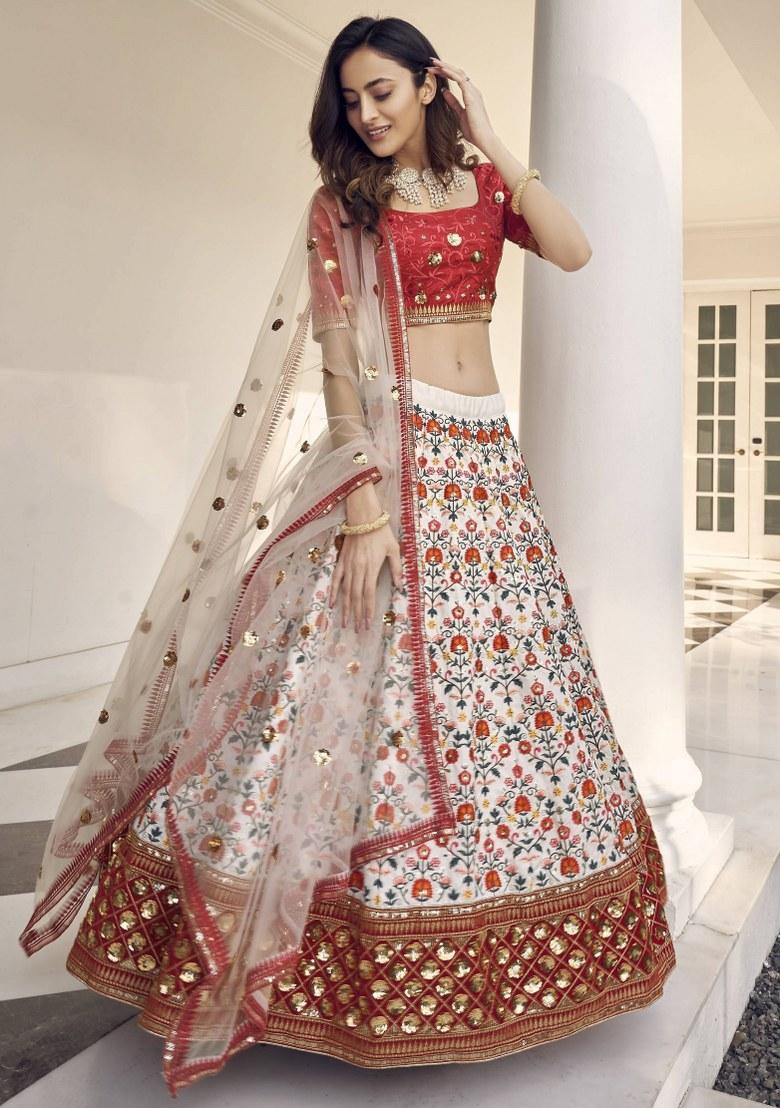White Embroidered Art Silk Lehenga Set With Dupatta