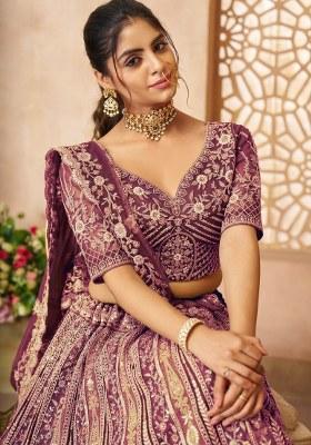 Purple Embroidered Net Lehenga Set With Dupatta