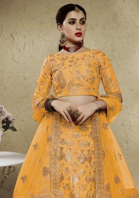 Yellow Embroidered Net Lehenga Set With Dupatta