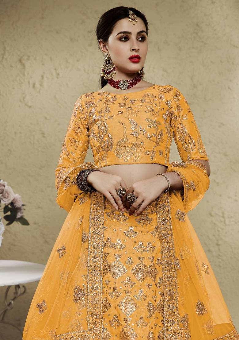 Yellow Embroidered Net Lehenga Set With Dupatta for Diwali and Festive Wear - Indya