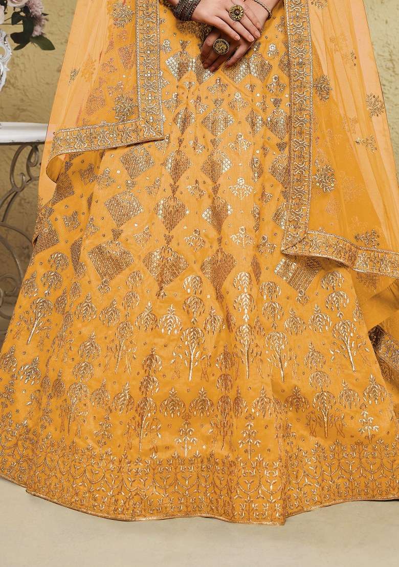 Yellow Embroidered Net Lehenga Set With Dupatta for Diwali and Festive Wear - Indya
